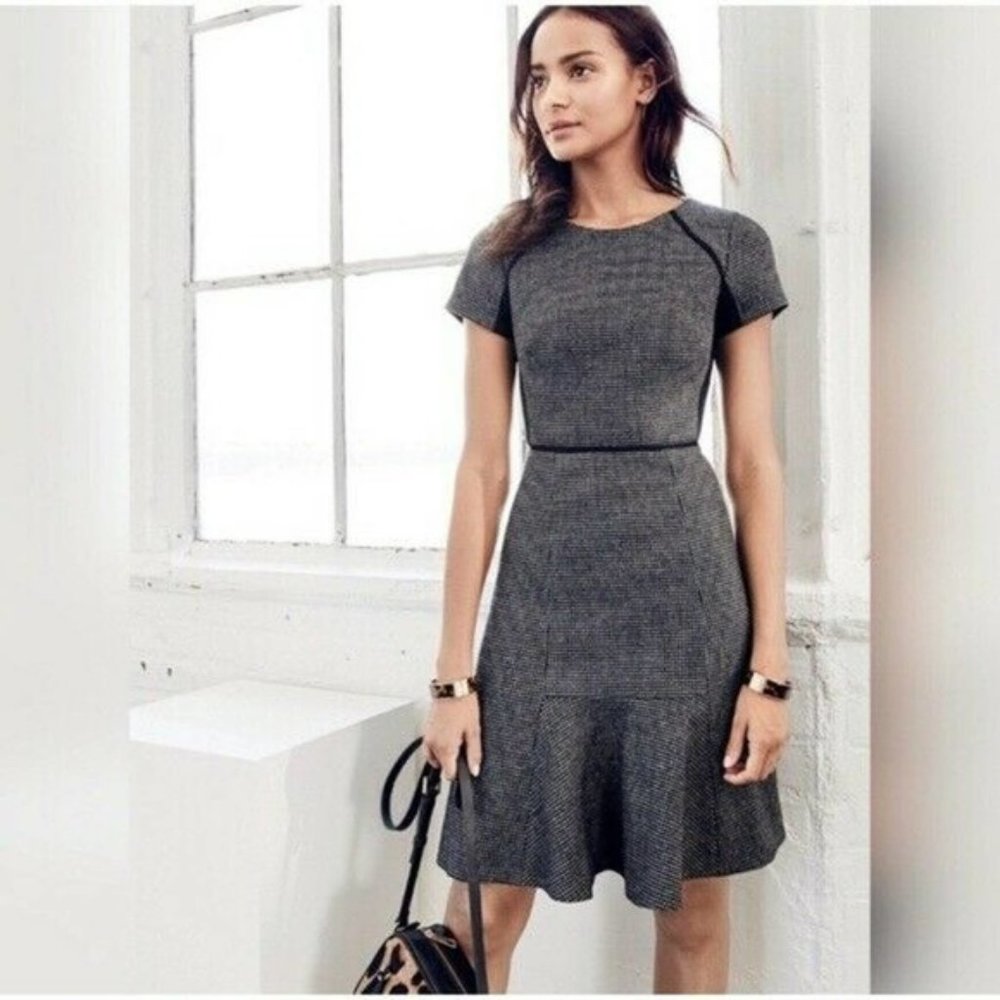 J Crew Black Grey Wool Checkered Flutter Dress Size 6.